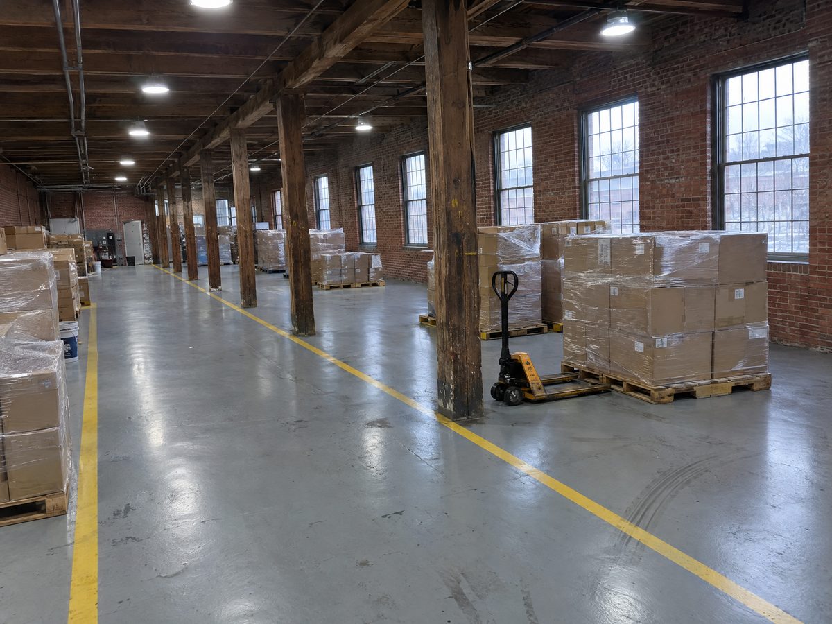 An old brick factory floor now used for storage, coated grey with yellow lane lines running between timber posts and pallets of boxed cartons